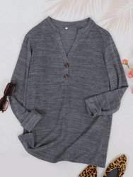 Split V Neck Button Front Sweater - Gray