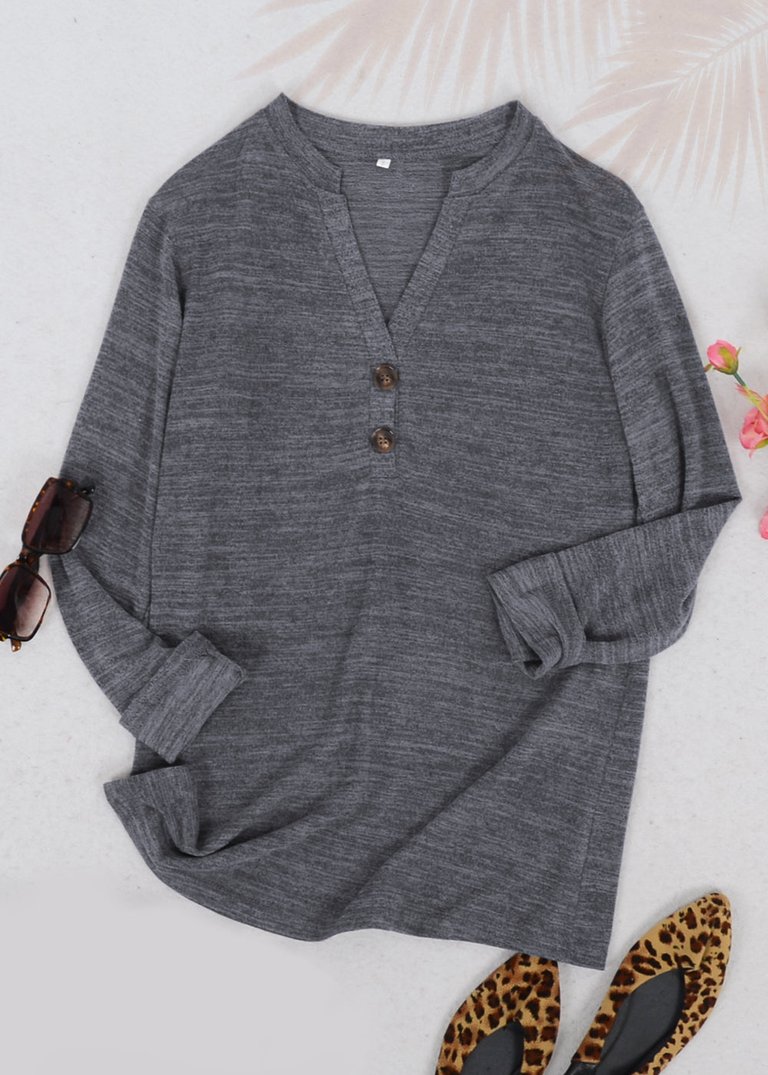 Split V Neck Button Front Sweater - Gray
