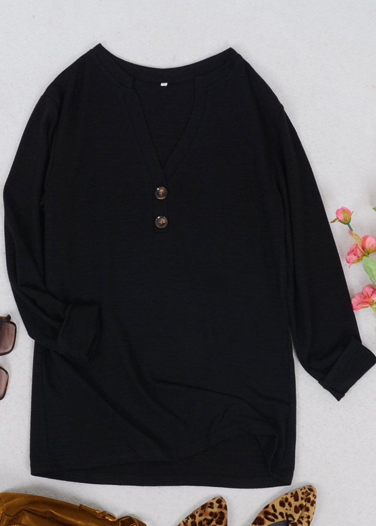 Split V Neck Button Front Sweater - Black