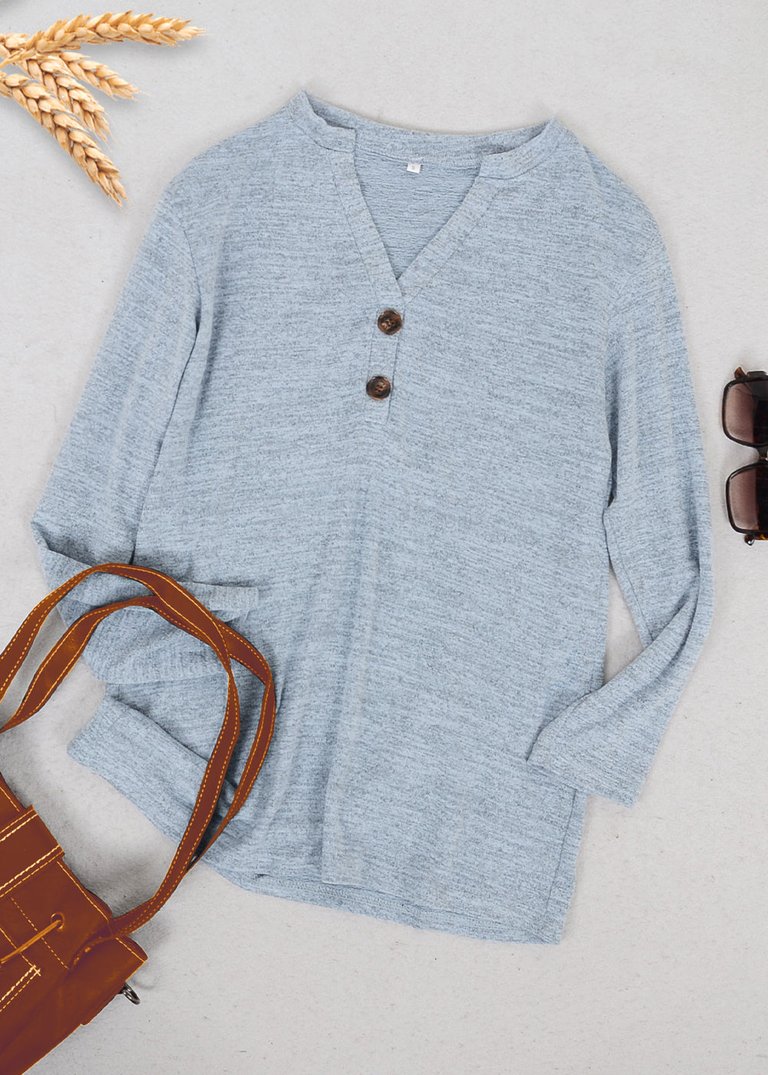 Split V Neck Button Front Sweater - Light Blue