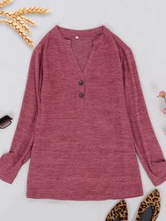 Split V Neck Button Front Sweater - Red