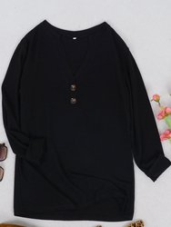 Split V Neck Button Front Sweater - Black
