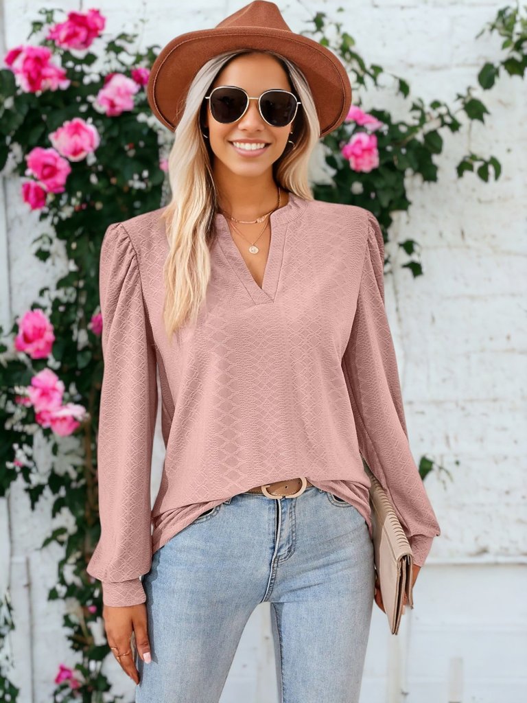 Split V Neck Textured Blouse - Mauve Pink