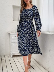 Square Neck Gathered Waist Dress - Navy