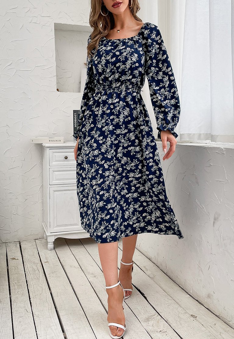 Square Neck Gathered Waist Dress - Navy