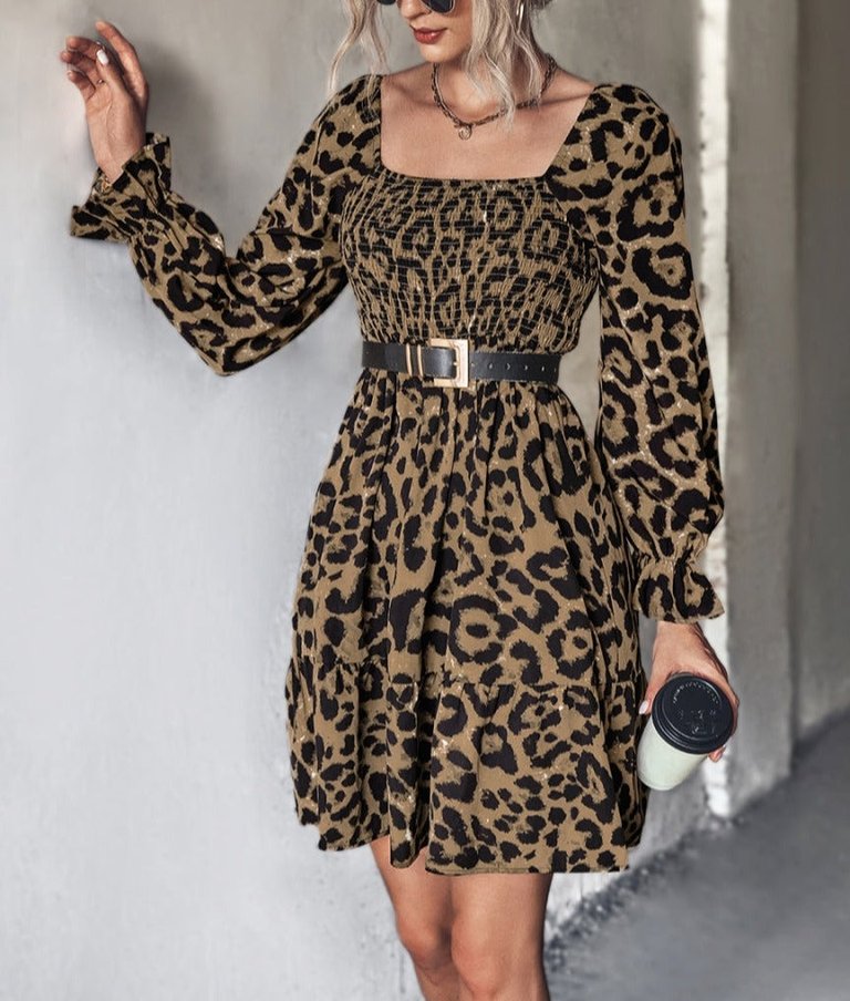 Square Neck Leopard Print Dress - Brown