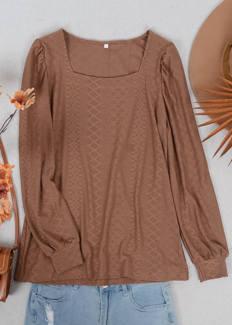 Square Neck Pleated Shoulder Blouse - Brown