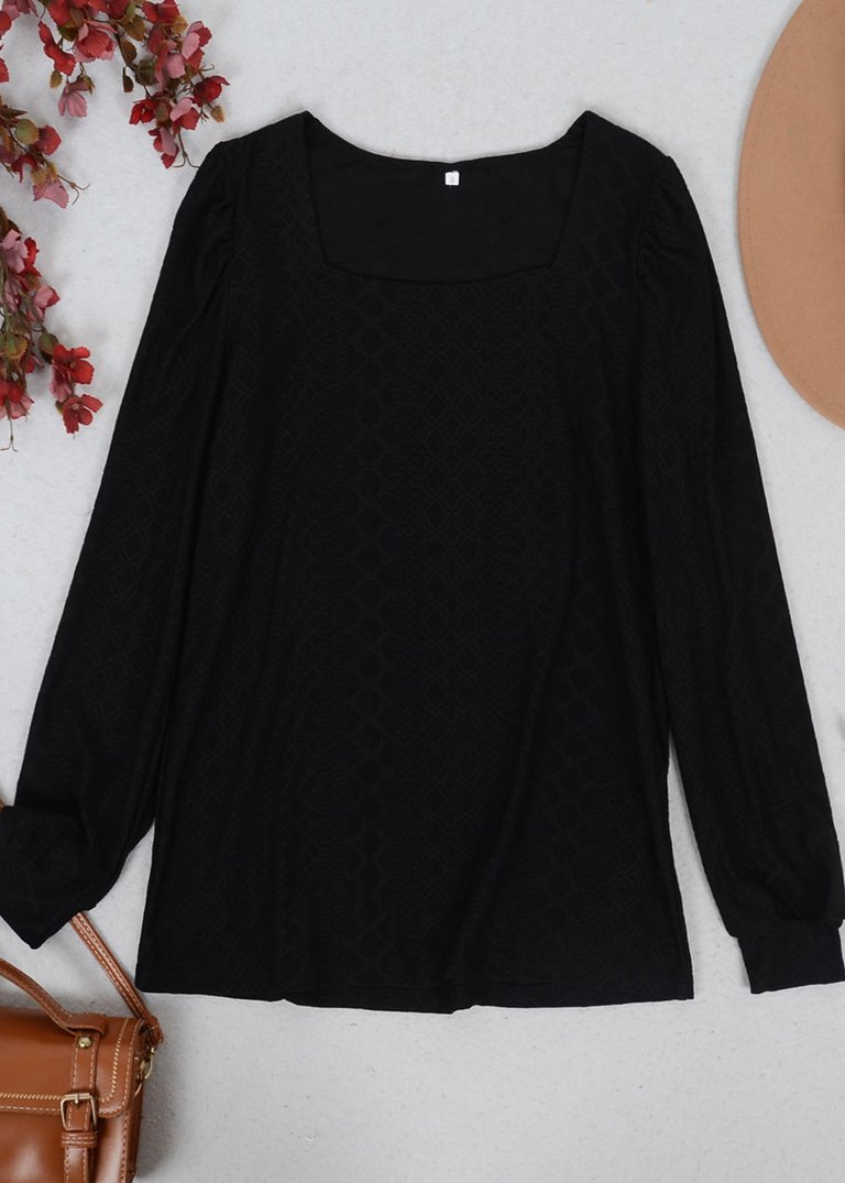 Square Neck Pleated Shoulder Blouse - Black