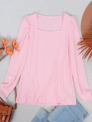 Square Neck Pleated Shoulder Blouse - Pink