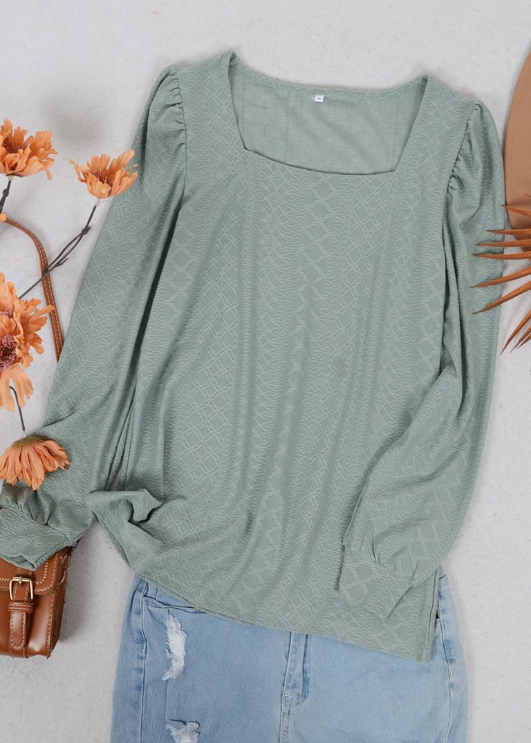 Square Neck Pleated Shoulder Blouse - Green