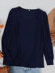 Square Neck Pleated Shoulder Blouse - Navy