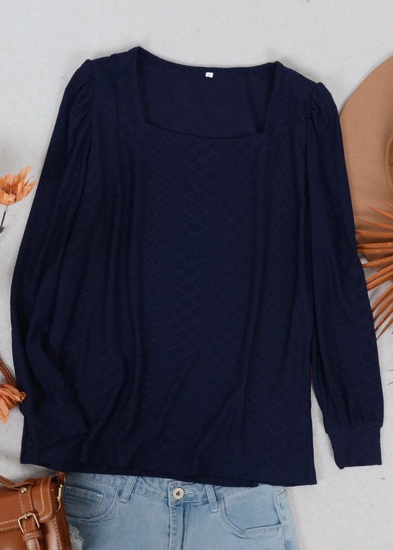 Square Neck Pleated Shoulder Blouse - Navy