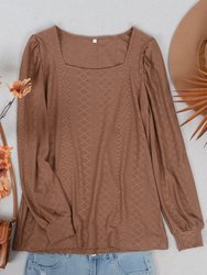 Square Neck Pleated Shoulder Blouse - Brown