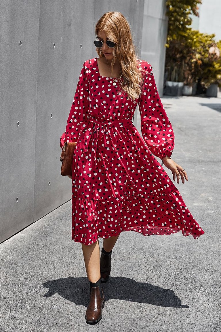 Square Neck Polka Dot Dress - Red