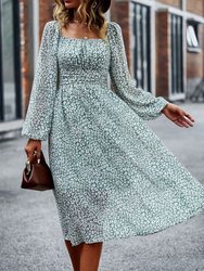 Square Neck Printed Flowy Dress - Green
