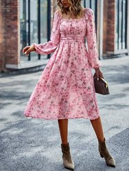 Square Neck Printed Flowy Dress - Pink
