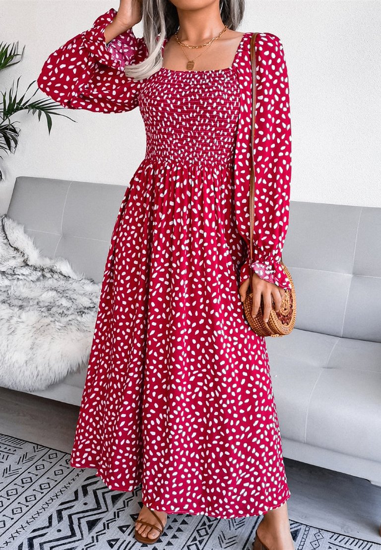 Square Neck Spotted Print Dress - Burgundy