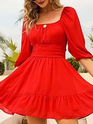 Square Neck Tie Back Dress - Red