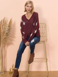 Star Pattern Frayed Hem Sweater - Burgundy
