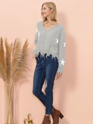 Star Pattern Frayed Hem Sweater - Gray