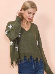 Star Pattern Frayed Hem Sweater
