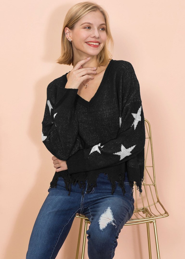 Star Pattern Frayed Hem Sweater - Black