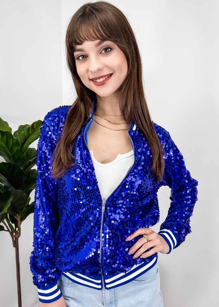 Striped Metallic Sequin Varsity Jacket - Royal Blue