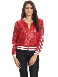 Striped Metallic Sequin Varsity Jacket - Red