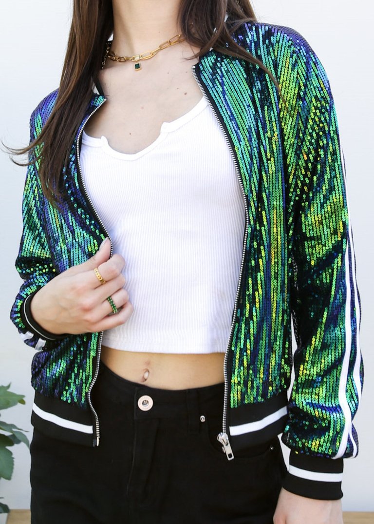 Striped Metallic Sequin Varsity Jacket