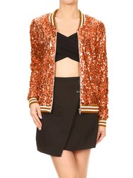 Striped Metallic Sequin Varsity Jacket - Orange