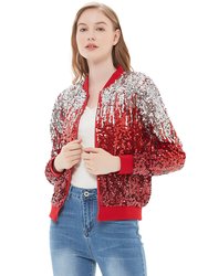 Striped Metallic Sequin Varsity Jacket - Silver And Red