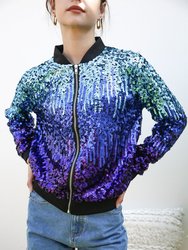 Striped Metallic Sequin Varsity Jacket - Z-Blue-Royal Blue-Purple