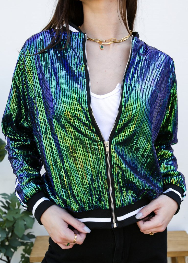 Striped Metallic Sequin Varsity Jacket