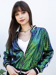 Striped Metallic Sequin Varsity Jacket - Mermaid