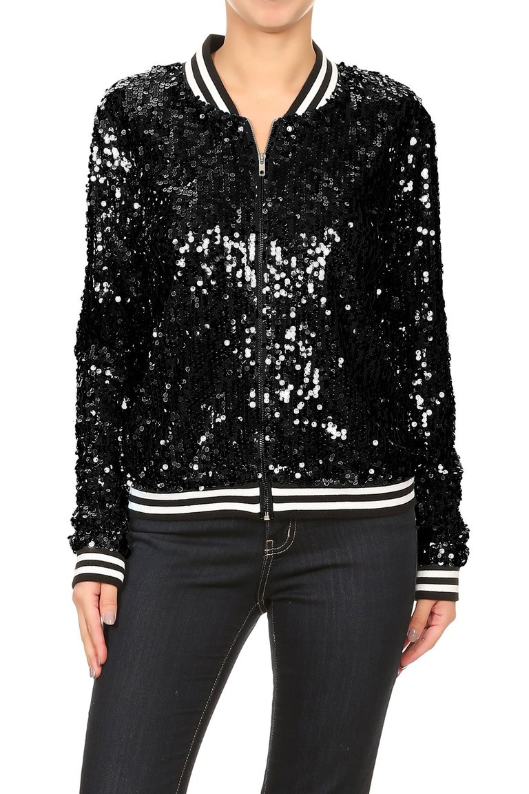 Striped Metallic Sequin Varsity Jacket