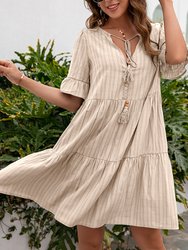 Striped Ruffle Button Dress - Beige