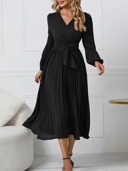 Surplice Neck Belted Dress - Black