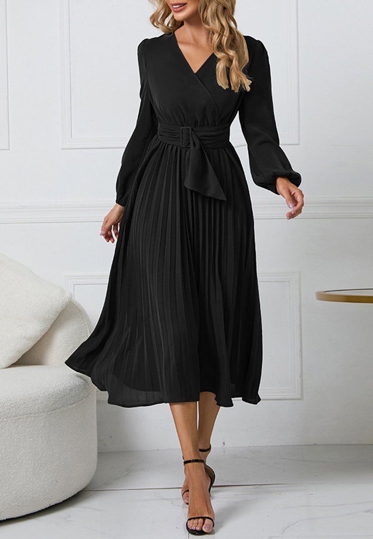 Surplice Neck Belted Dress - Black