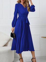 Surplice Neck Belted Dress - Blue