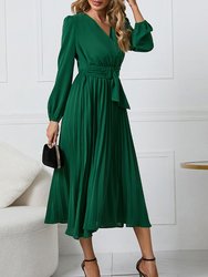 Surplice Neck Belted Dress - Dark Green