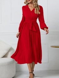 Surplice Neck Belted Dress - Red