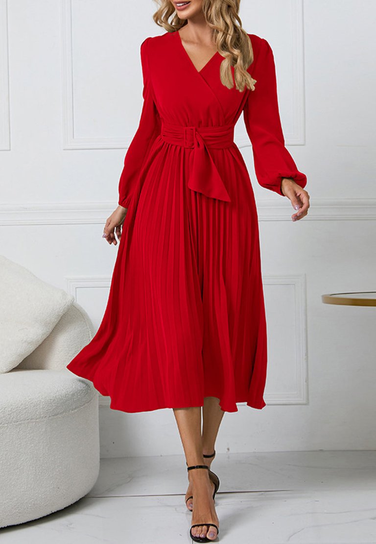 Surplice Neck Belted Dress - Red