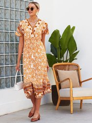 Surplice Neck Floral Boho Dress - Yellow