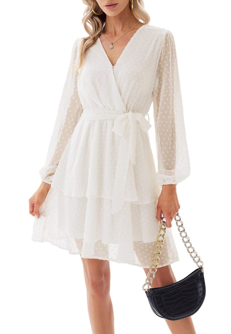 Surplice Neck Tiered Dress - White