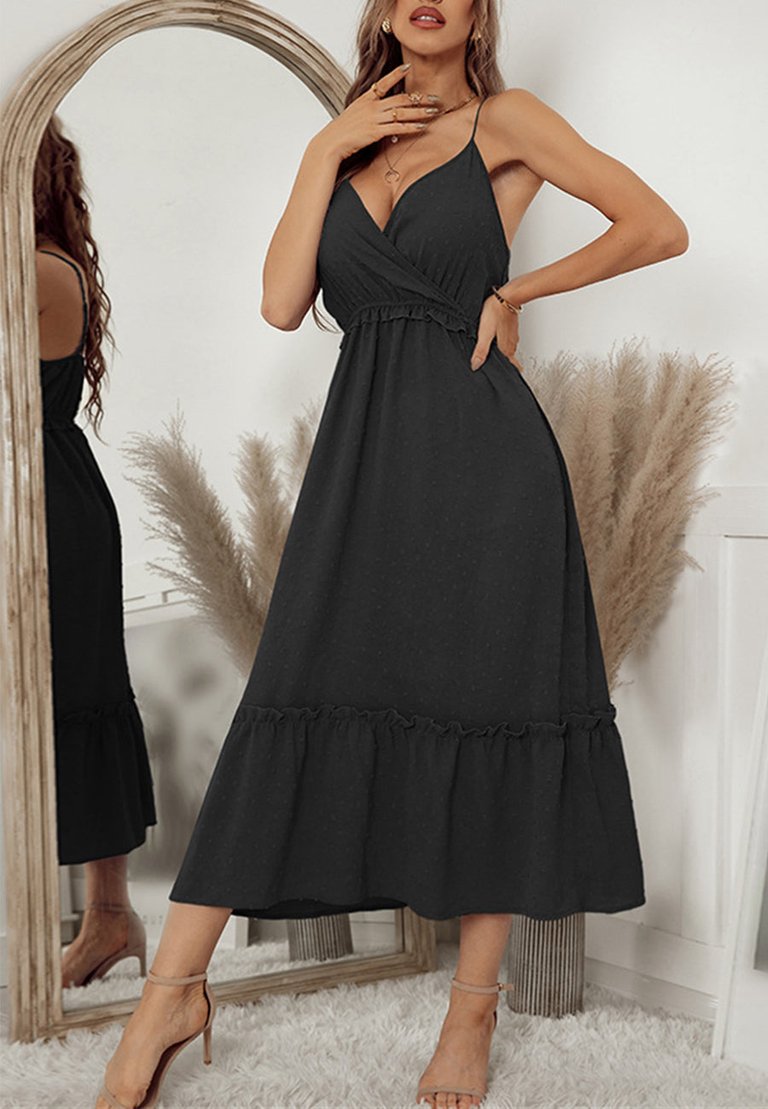 Surplice Plunge Neck Midi Dress - Black