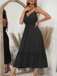 Surplice Plunge Neck Midi Dress - Black