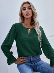 Swiss Dot Cutout Front Blouse - Green