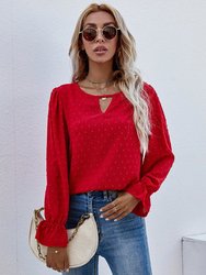 Swiss Dot Cutout Front Blouse - Red