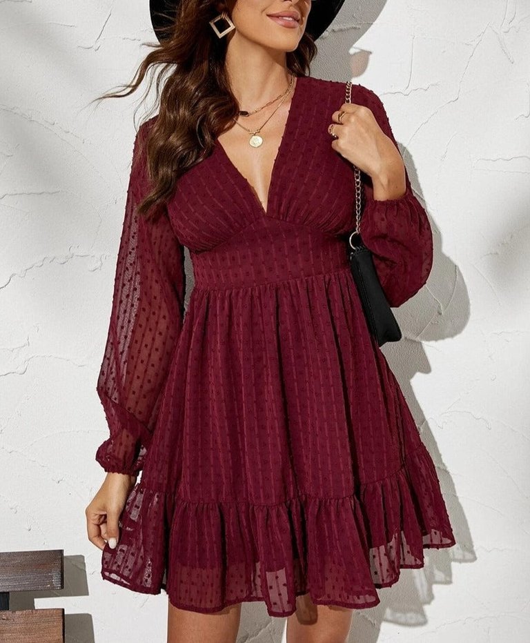 Swiss Dot Patterned Dress - Burgundy