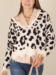 Tassel Frayed Hem Patterned Sweater - Beige
